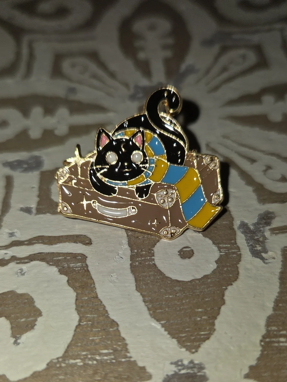 Black Cat Enamel Pin with Blue & Yellow Scarf - Cute Cat Accessory
